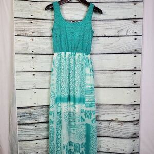 Maurices Aqua Blue Tribal Maxi Dress Sleeveless Lace Top Size Small